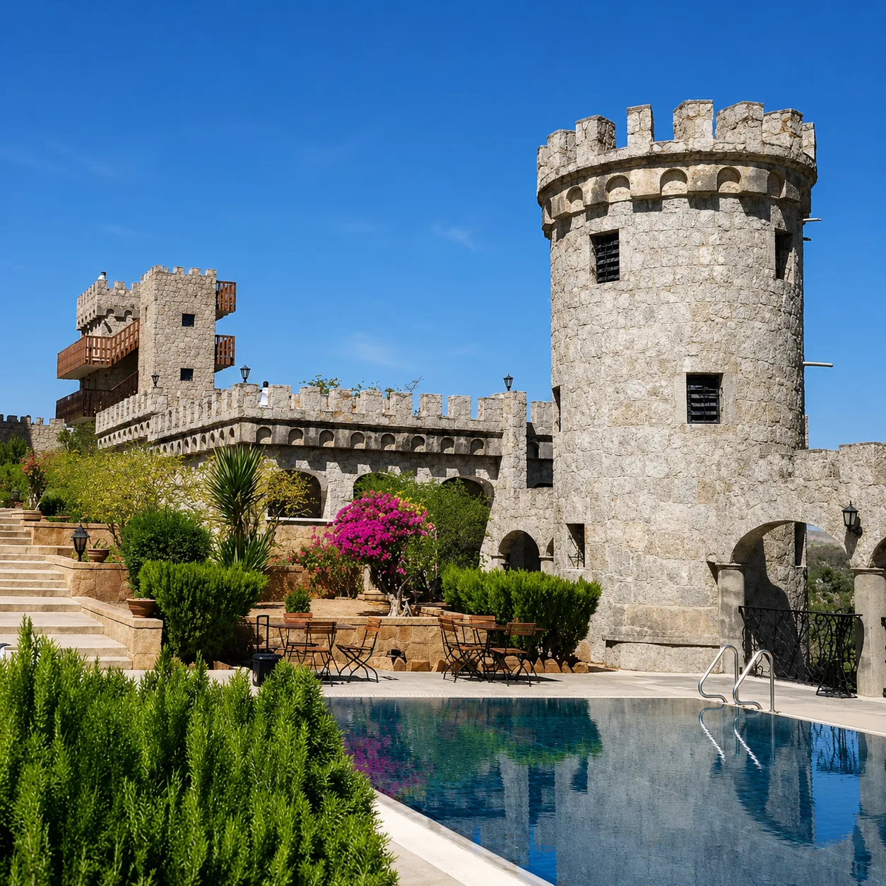 Castle-inspired poolside destination in Kaduna under a clear blue sky